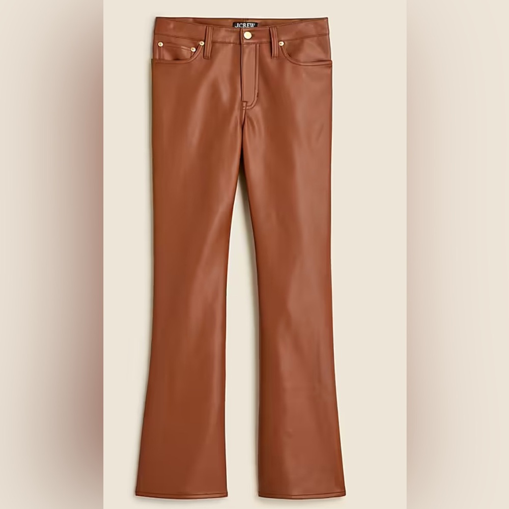 J. Crew High-rise bootcut pant in faux leather in Brown Sugar $158 33